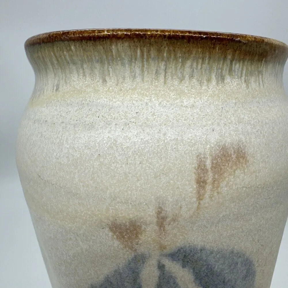 Handmade Ceramic Vase Abstract Blue Leaf Design Rustic Earth Tone Table‎ Decor